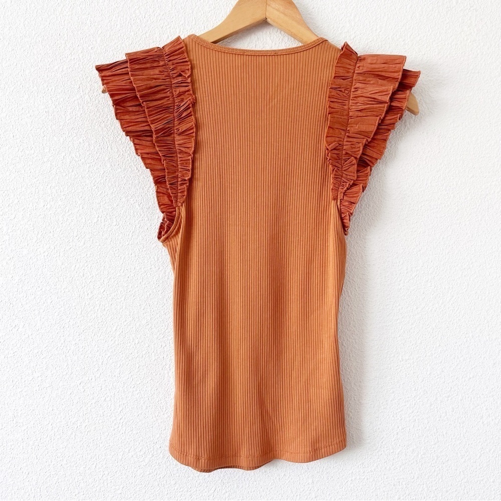 Ulla Johnson Lilo Ruffle Shoulder Chestnut Brown Ribbed Knit Top - Picture 9 of 10